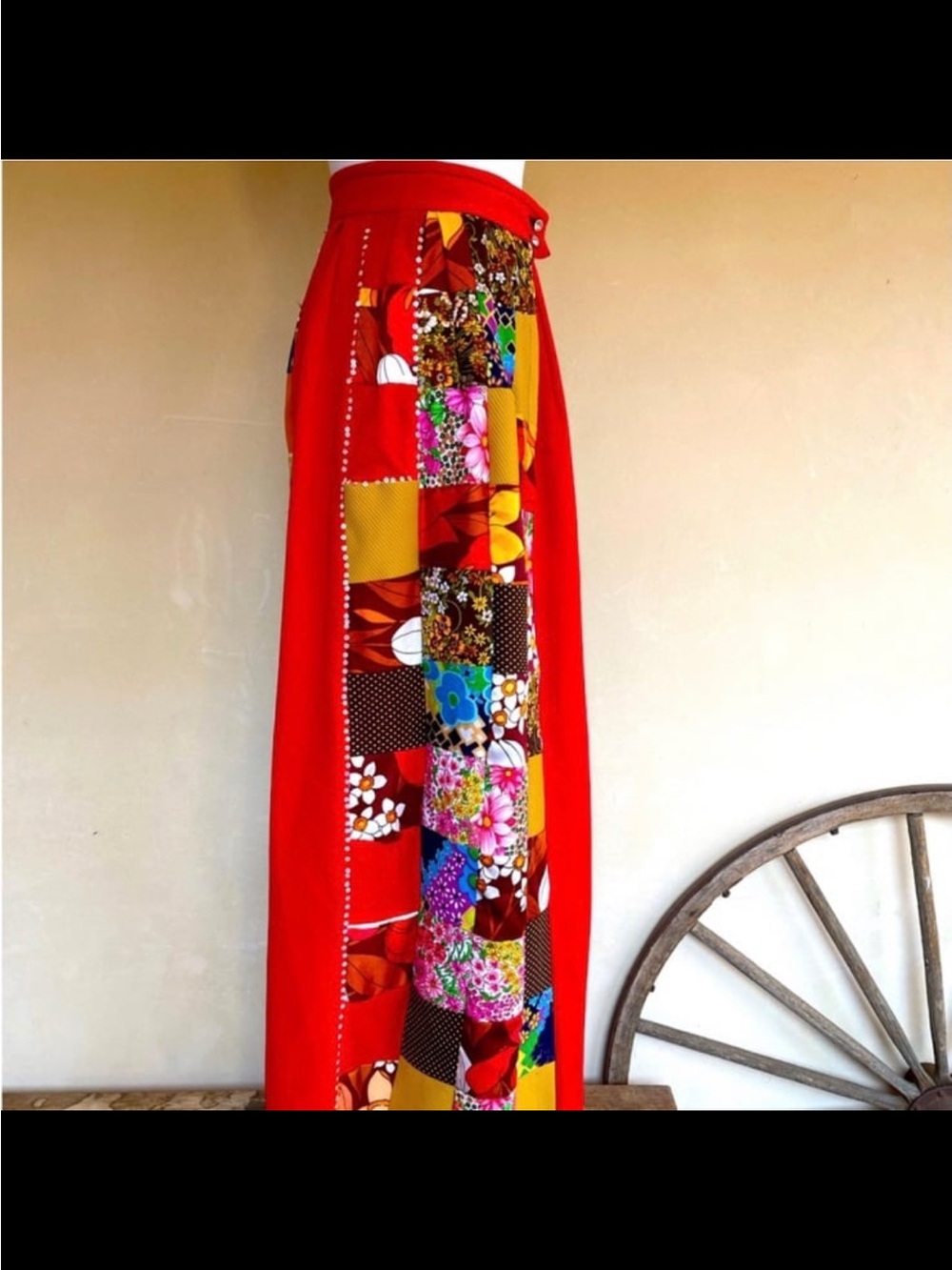 American Vintage Red Maxi Skirt with Multicolor Patchwork Panel - Picture 6 of 7